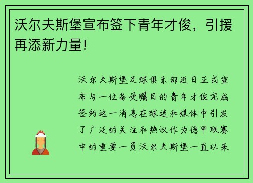 沃尔夫斯堡宣布签下青年才俊，引援再添新力量!